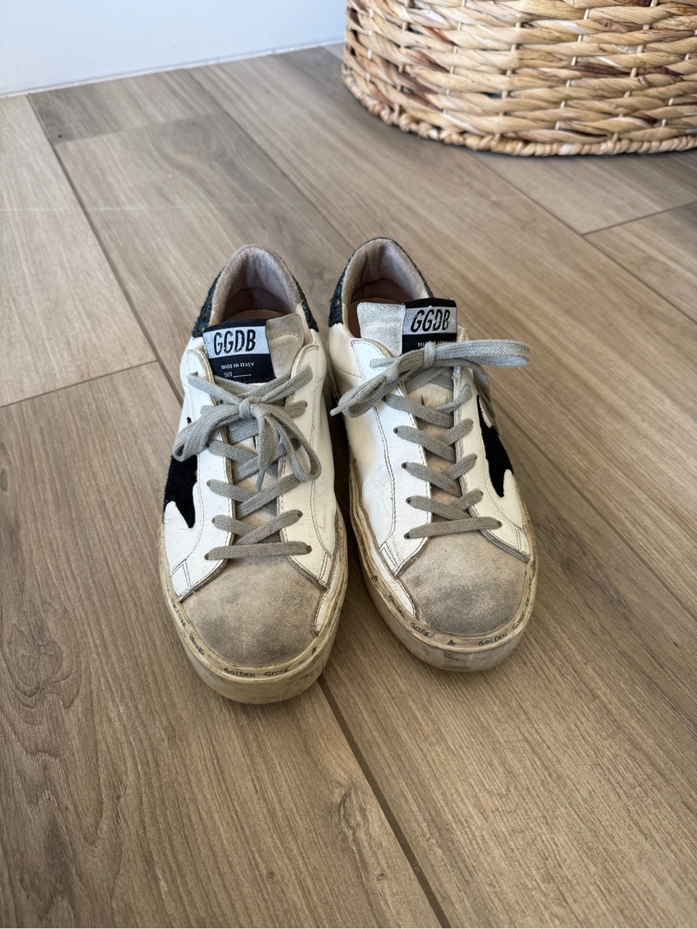 Golden Goose White Sneakers with Black Star and Teal Glitter Heel - Picture 3 of 5